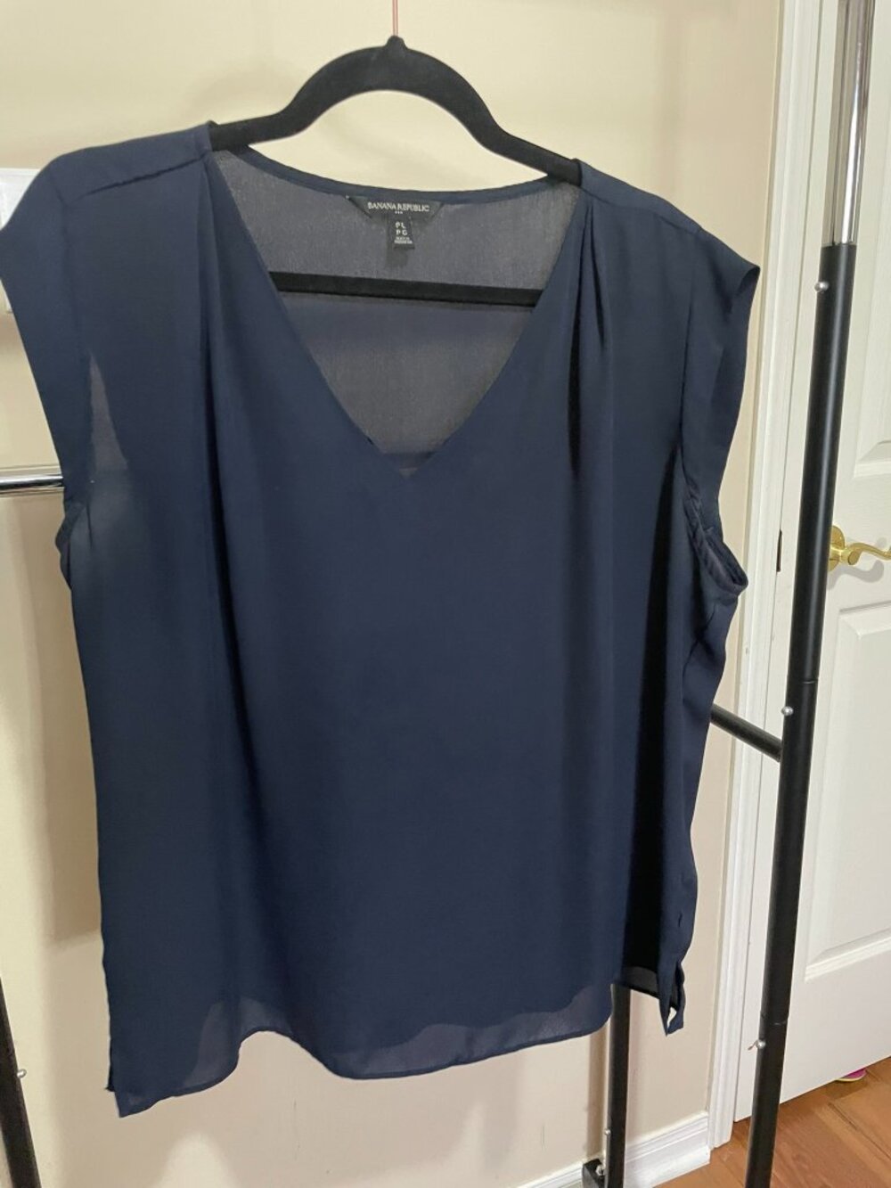 Semi-Sheer Cap Sleeve Top, Navy, Petite L